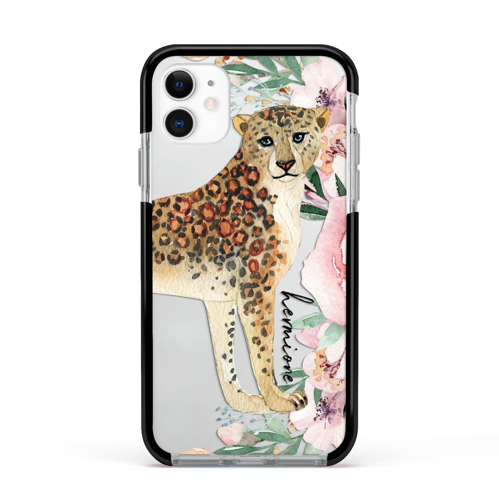 Personalised Leopard Apple iPhone 11 in White with Black Impact Case