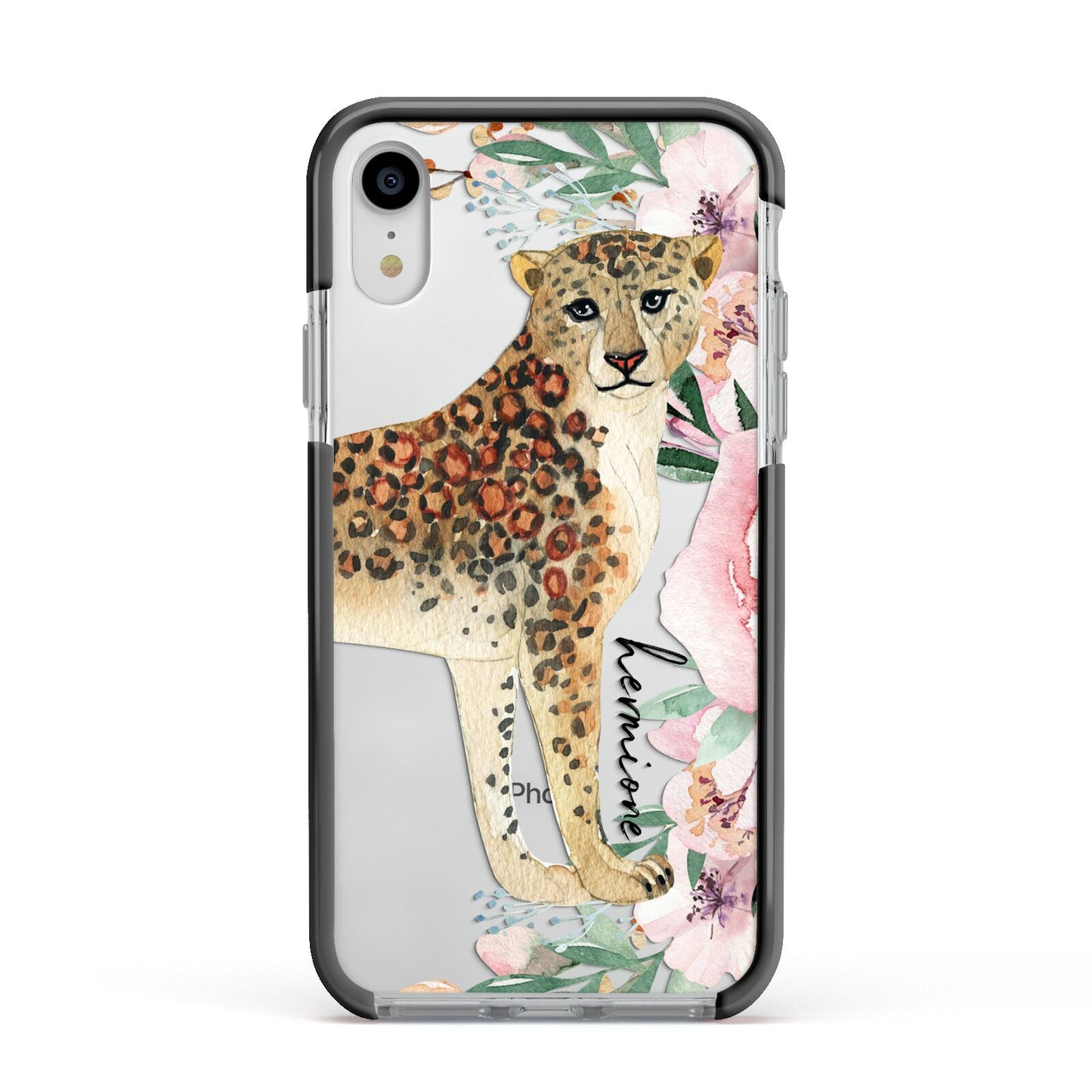 Personalised Leopard Apple iPhone XR Impact Case Black Edge on Silver Phone