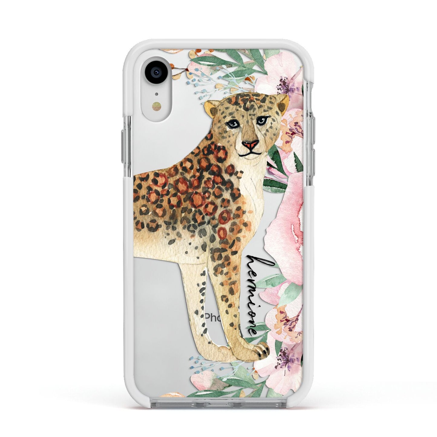 Personalised Leopard Apple iPhone XR Impact Case White Edge on Silver Phone