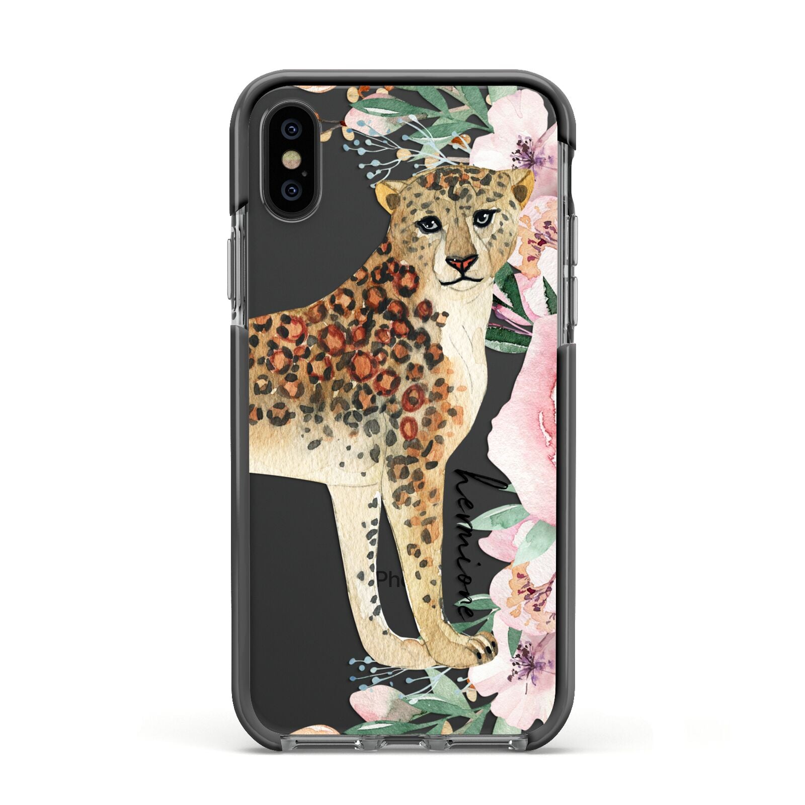 Personalised Leopard Apple iPhone Xs Impact Case Black Edge on Black Phone
