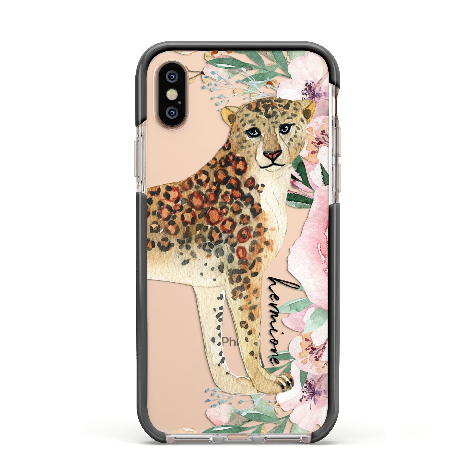 Personalised Leopard Apple iPhone Xs Impact Case Black Edge on Gold Phone