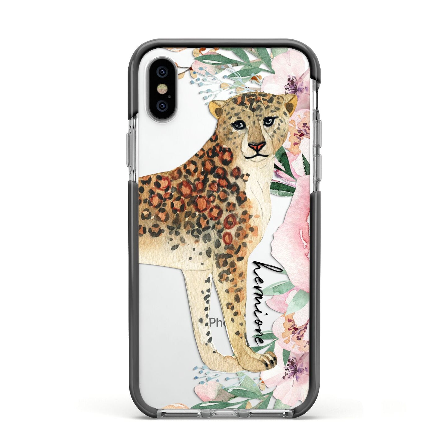 Personalised Leopard Apple iPhone Xs Impact Case Black Edge on Silver Phone