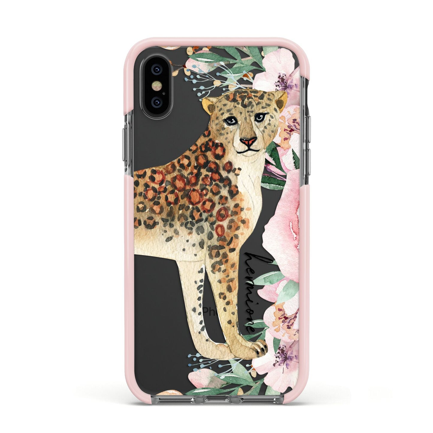 Personalised Leopard Apple iPhone Xs Impact Case Pink Edge on Black Phone
