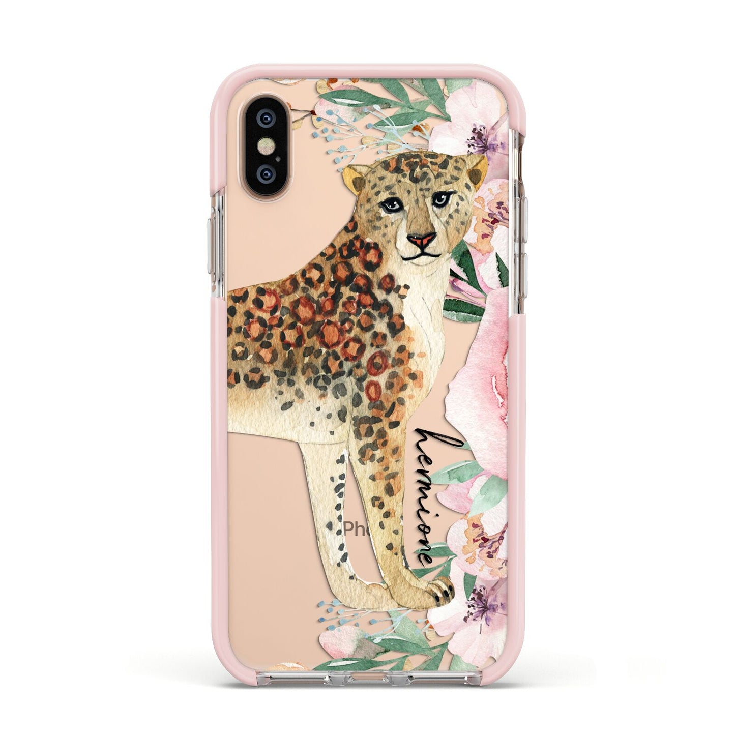 Personalised Leopard Apple iPhone Xs Impact Case Pink Edge on Gold Phone