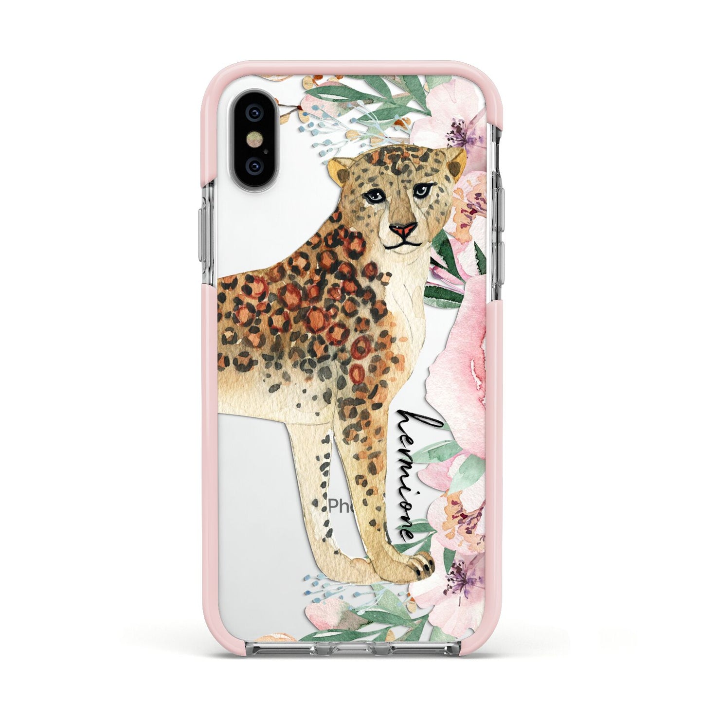 Personalised Leopard Apple iPhone Xs Impact Case Pink Edge on Silver Phone