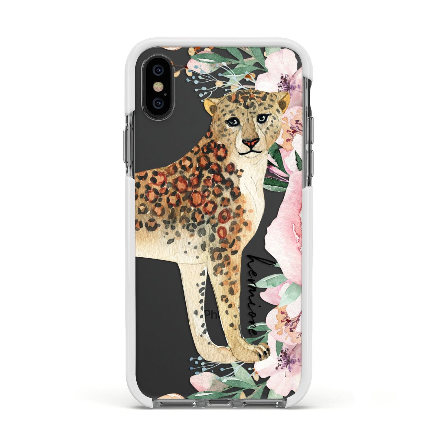 Personalised Leopard Apple iPhone Xs Impact Case White Edge on Black Phone