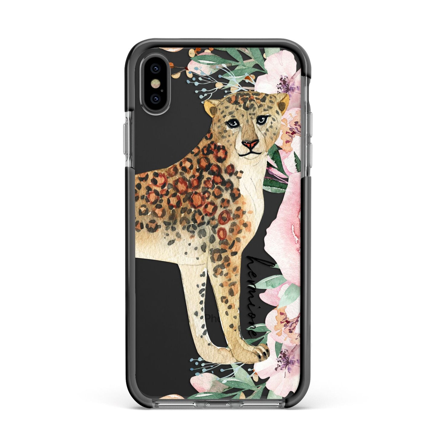 Personalised Leopard Apple iPhone Xs Max Impact Case Black Edge on Black Phone