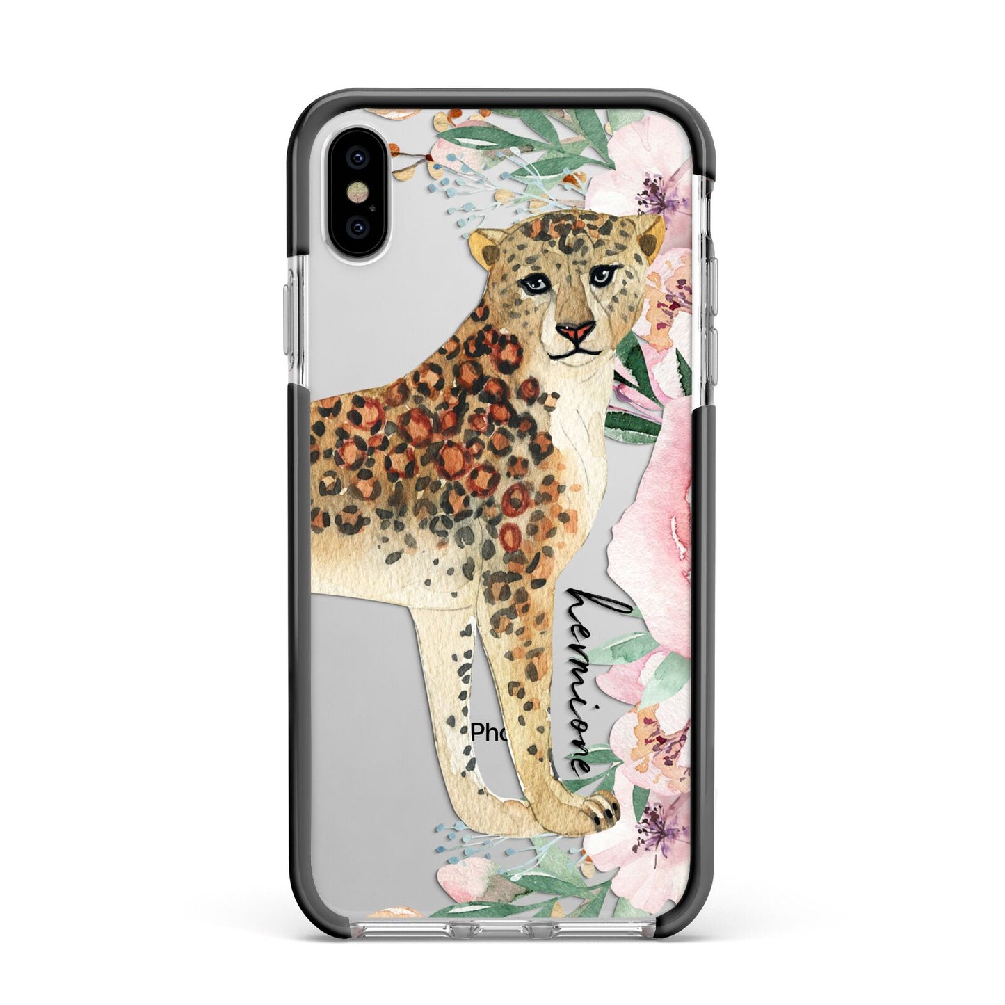 Personalised Leopard Apple iPhone Xs Max Impact Case Black Edge on Silver Phone