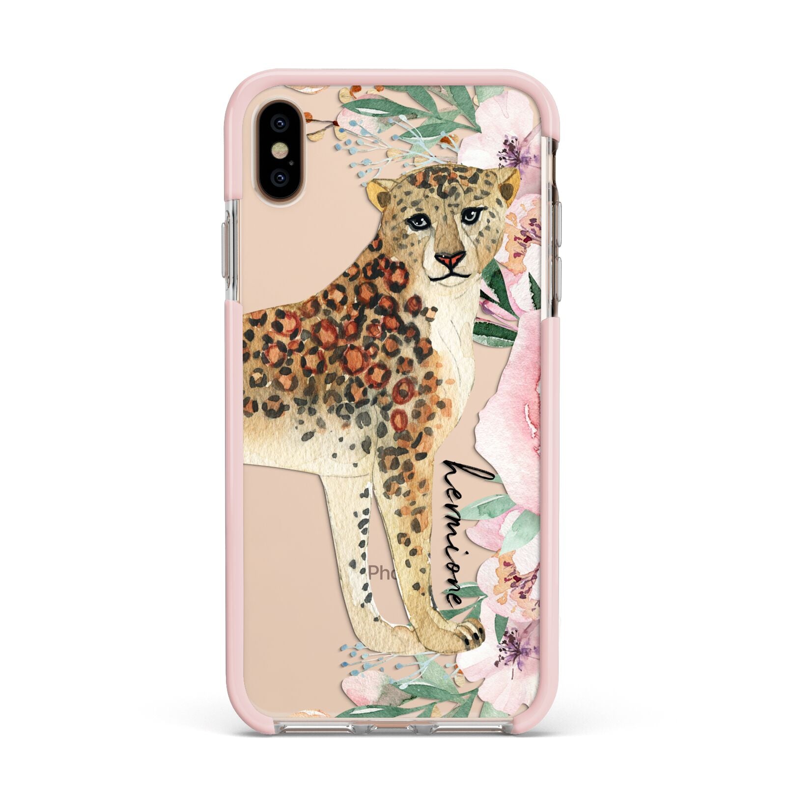 Personalised Leopard Apple iPhone Xs Max Impact Case Pink Edge on Gold Phone