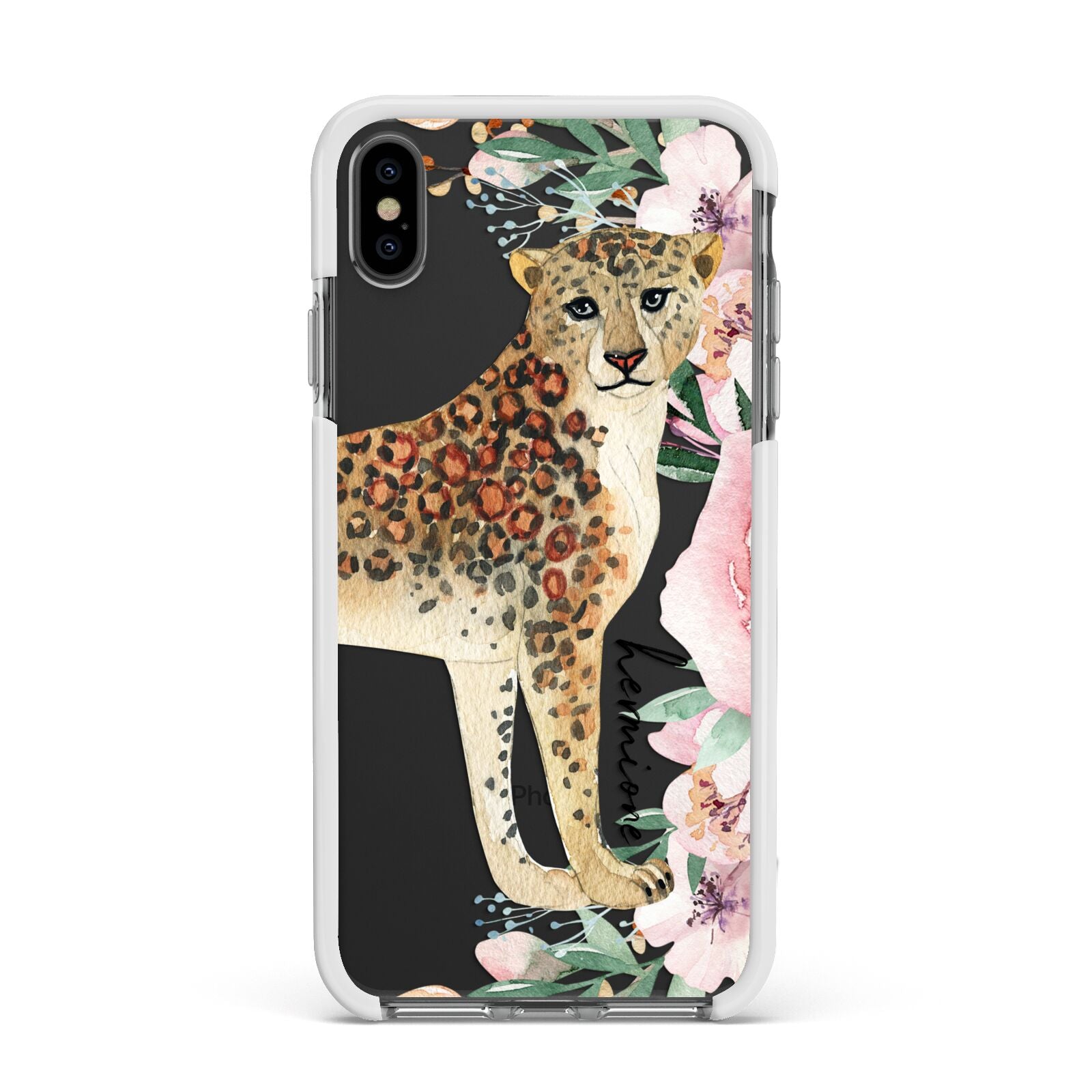 Personalised Leopard Apple iPhone Xs Max Impact Case White Edge on Black Phone