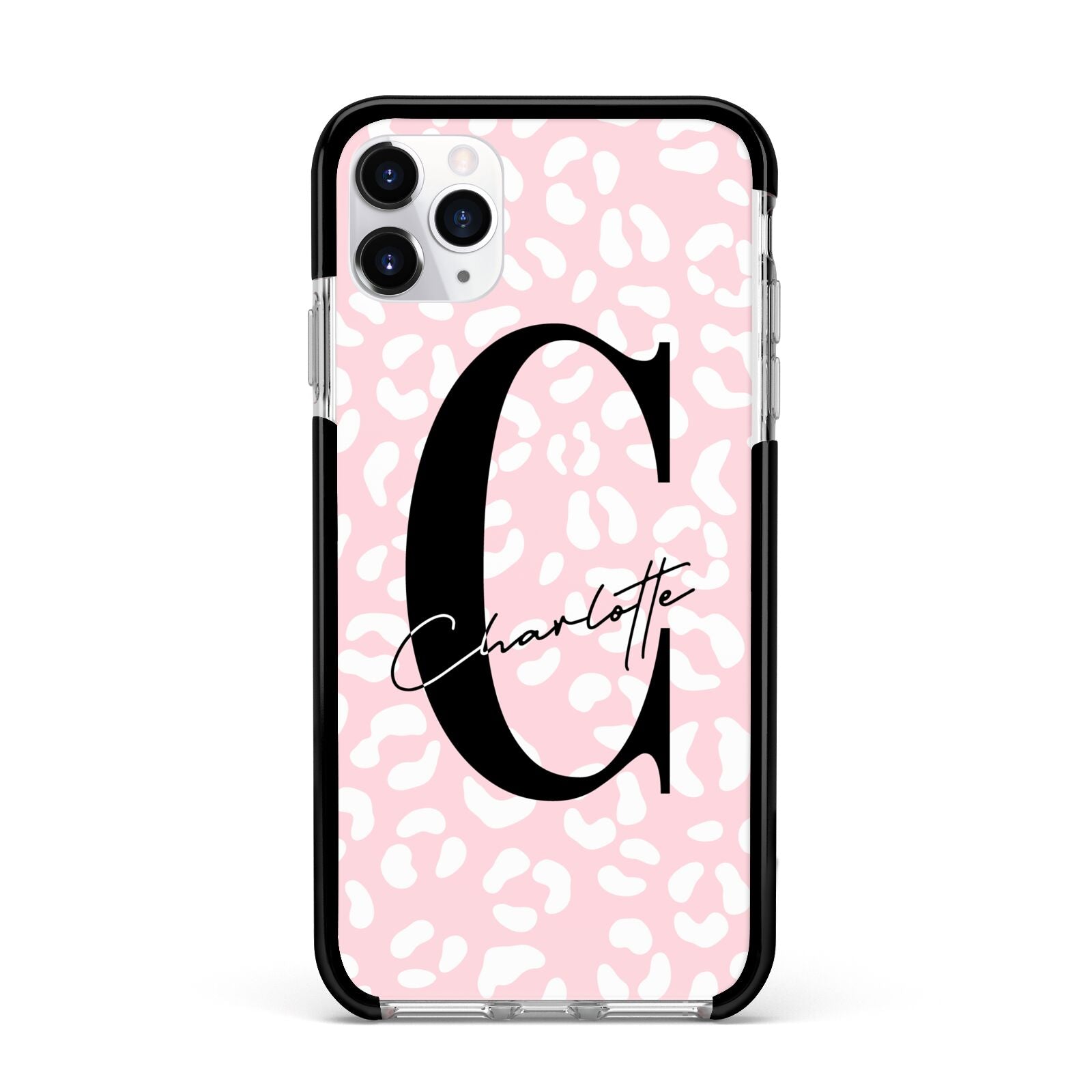 Personalised Leopard Pink White Apple iPhone 11 Pro Max in Silver with Black Impact Case