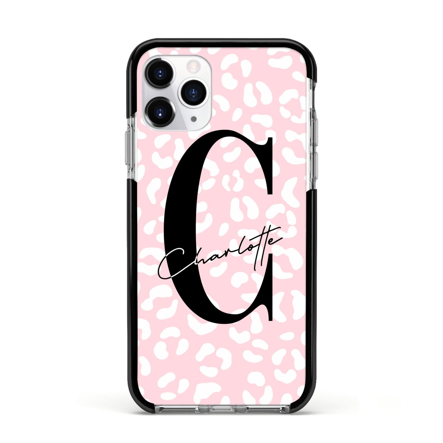Personalised Leopard Pink White Apple iPhone 11 Pro in Silver with Black Impact Case