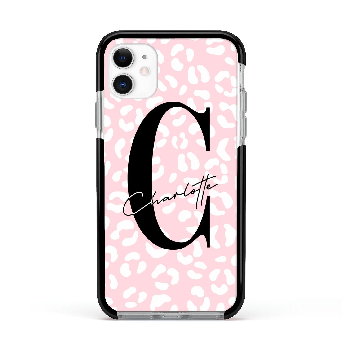 Personalised Leopard Pink White Apple iPhone 11 in White with Black Impact Case