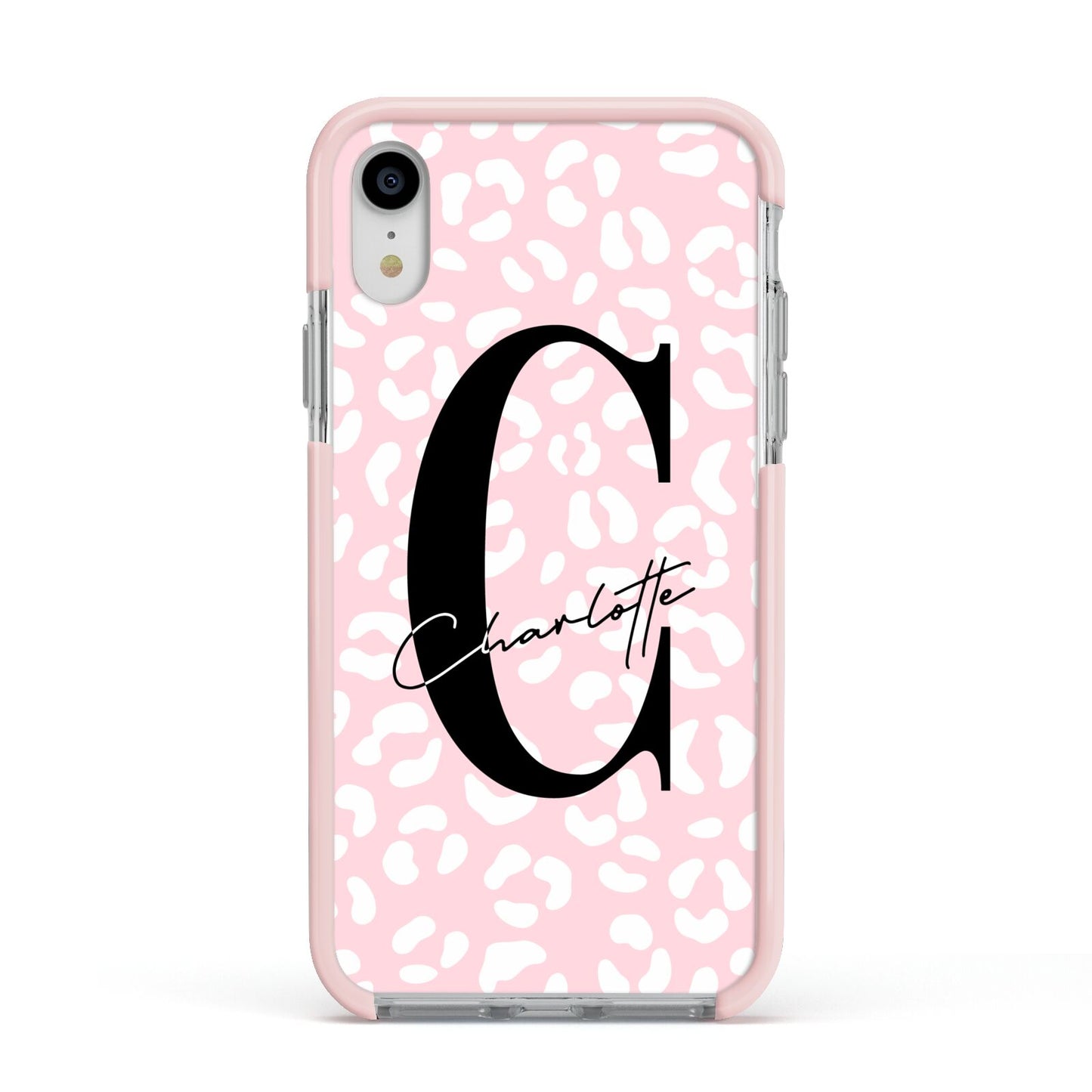 Personalised Leopard Pink White Apple iPhone XR Impact Case Pink Edge on Silver Phone