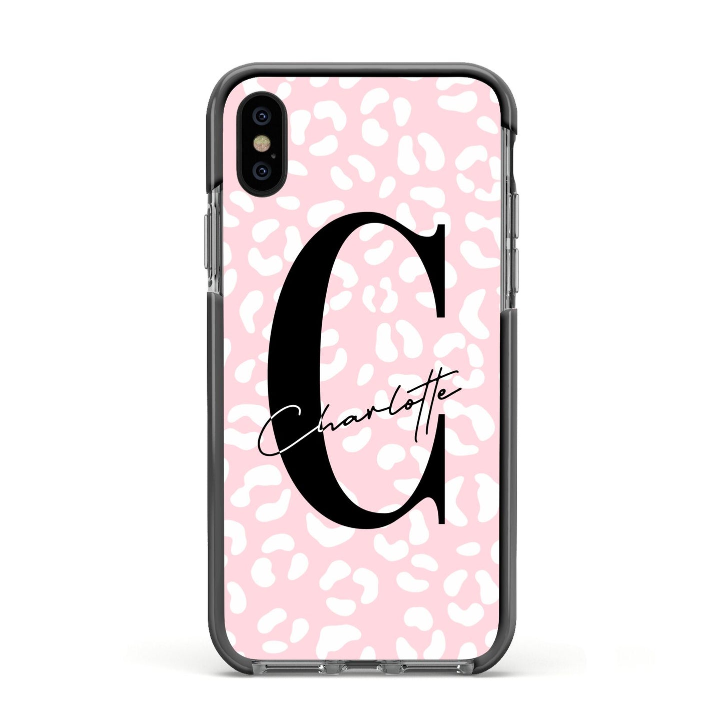 Personalised Leopard Pink White Apple iPhone Xs Impact Case Black Edge on Black Phone