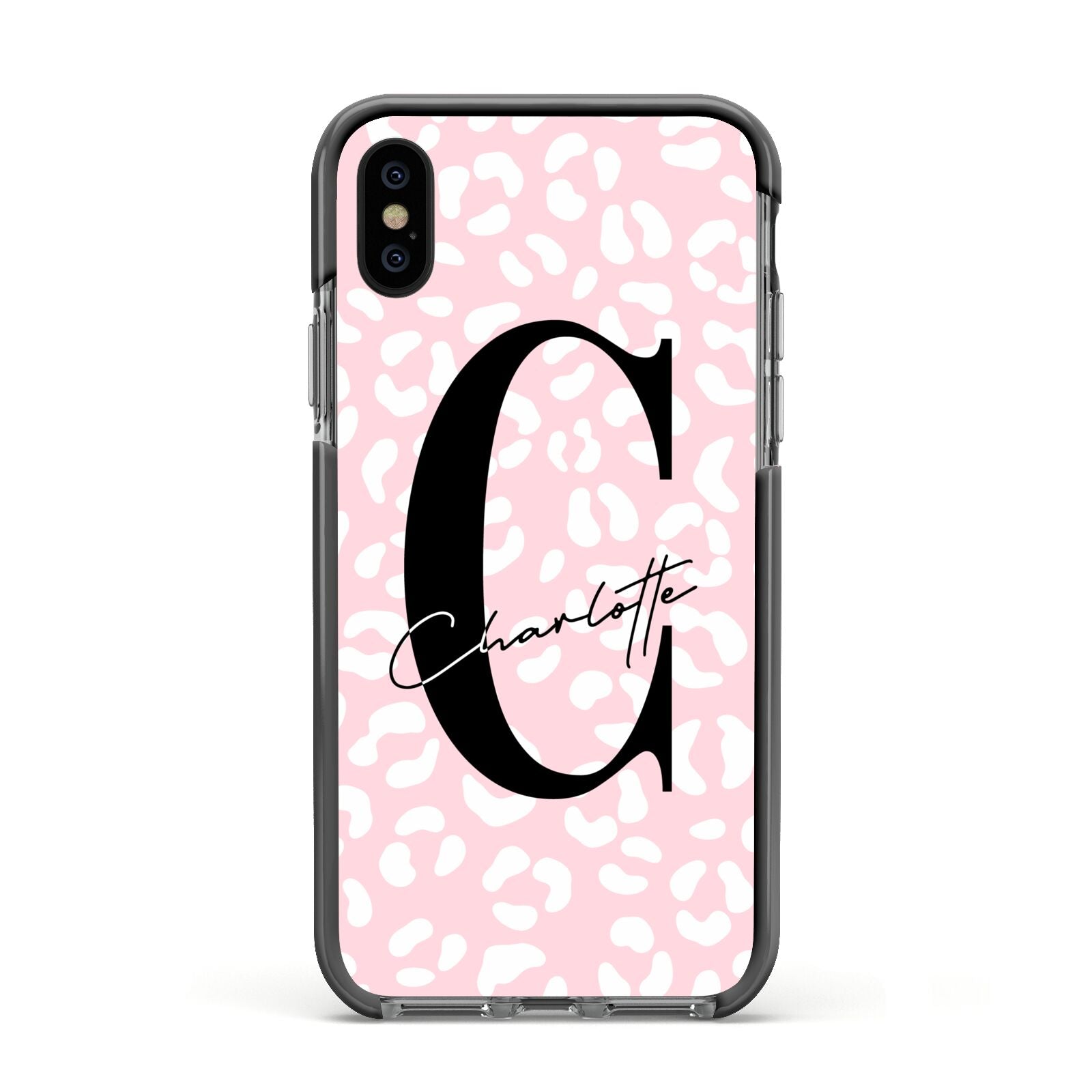 Personalised Leopard Pink White Apple iPhone Xs Impact Case Black Edge on Black Phone