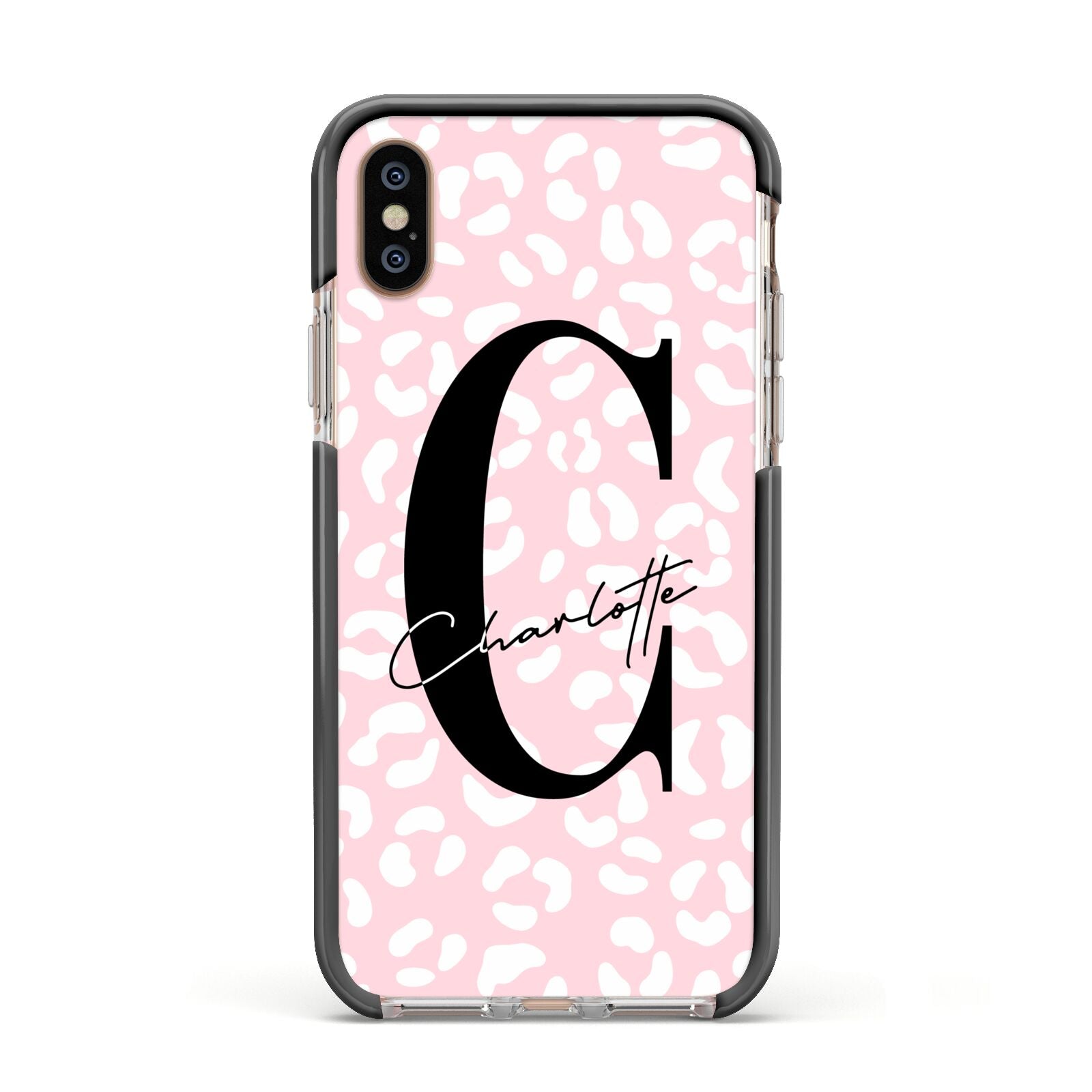 Personalised Leopard Pink White Apple iPhone Xs Impact Case Black Edge on Gold Phone
