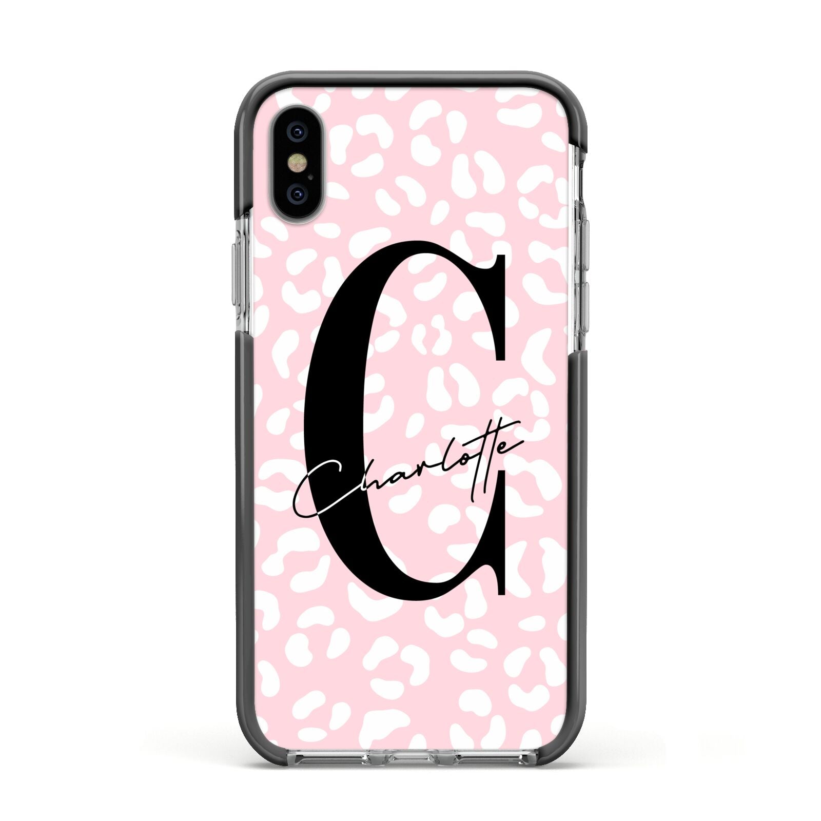Personalised Leopard Pink White Apple iPhone Xs Impact Case Black Edge on Silver Phone