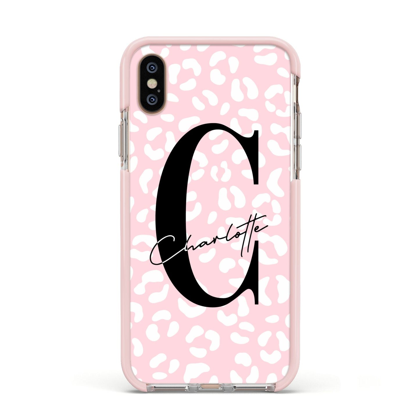 Personalised Leopard Pink White Apple iPhone Xs Impact Case Pink Edge on Gold Phone
