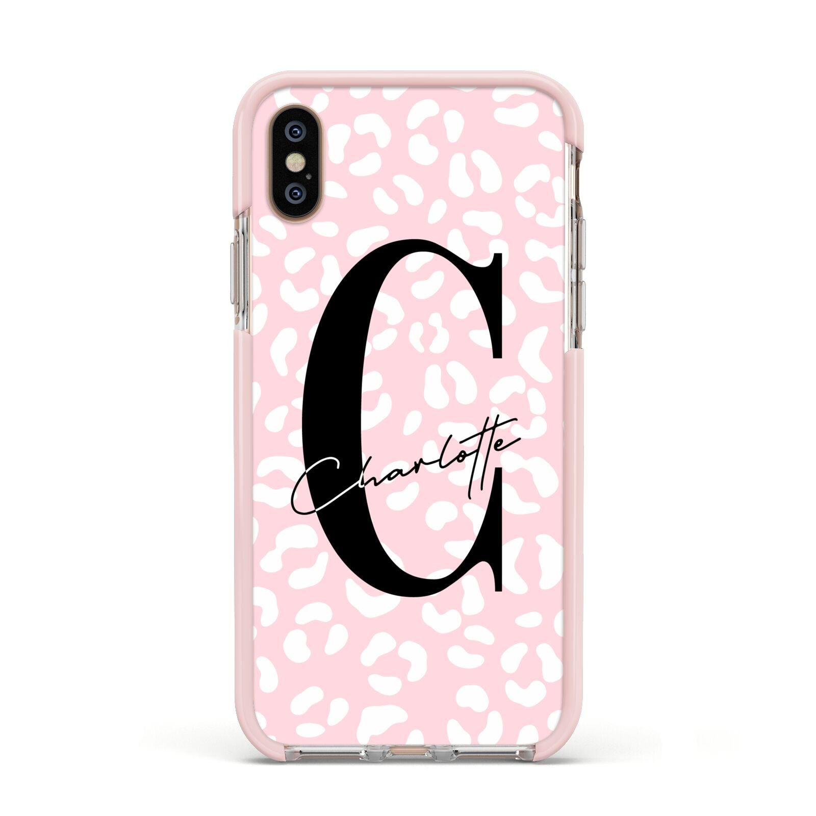 Personalised Leopard Pink White Apple iPhone Xs Impact Case Pink Edge on Gold Phone