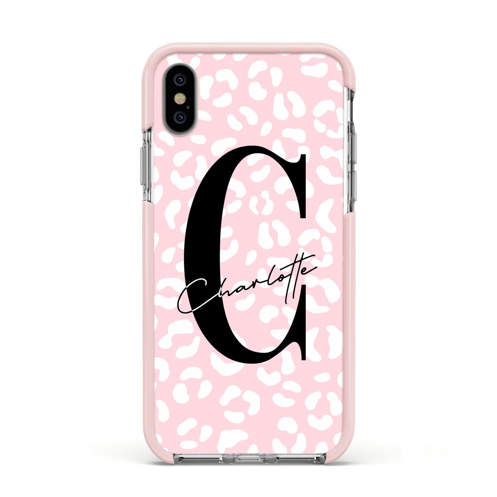 Personalised Leopard Pink White Apple iPhone Xs Impact Case Pink Edge on Silver Phone