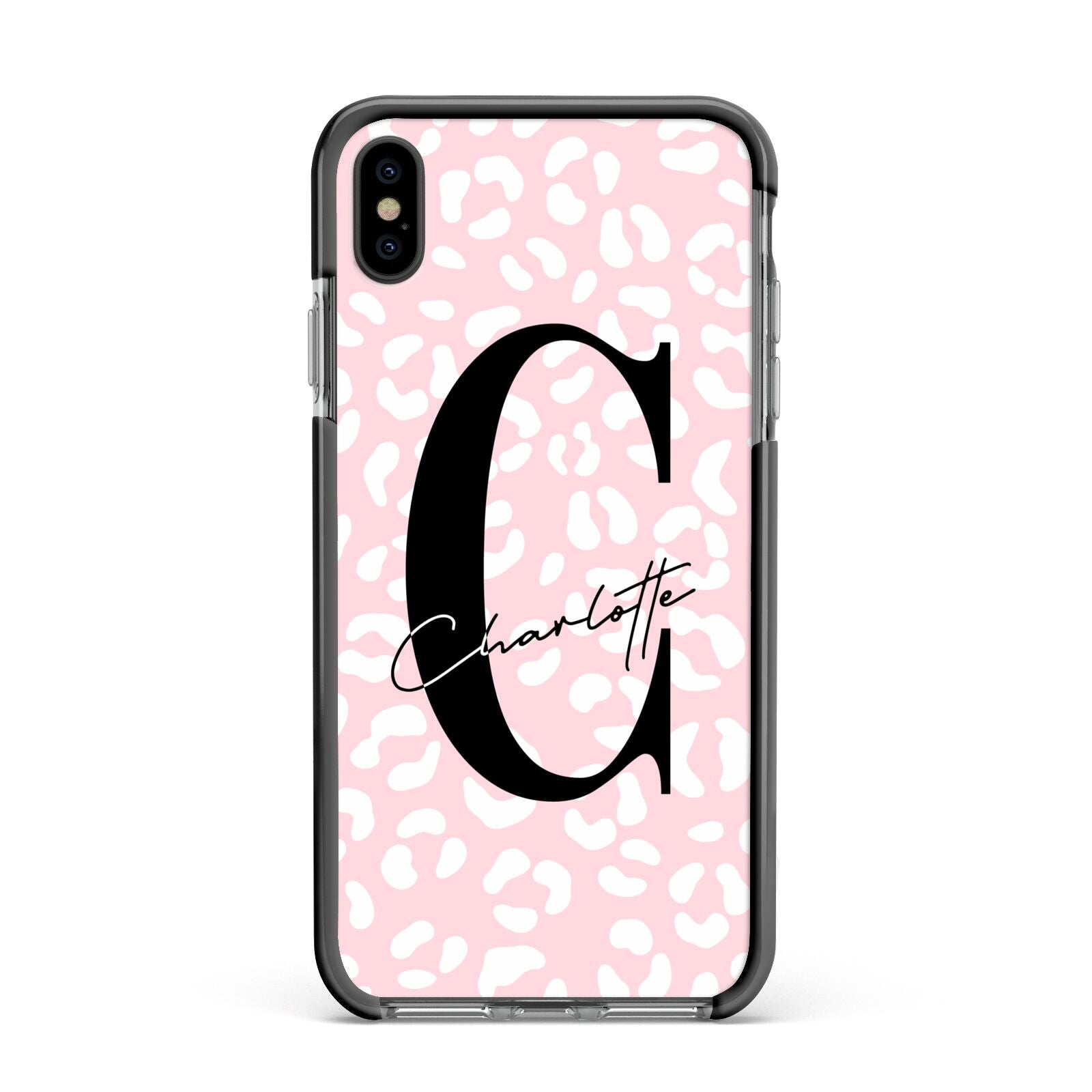 Personalised Leopard Pink White Apple iPhone Xs Max Impact Case Black Edge on Black Phone
