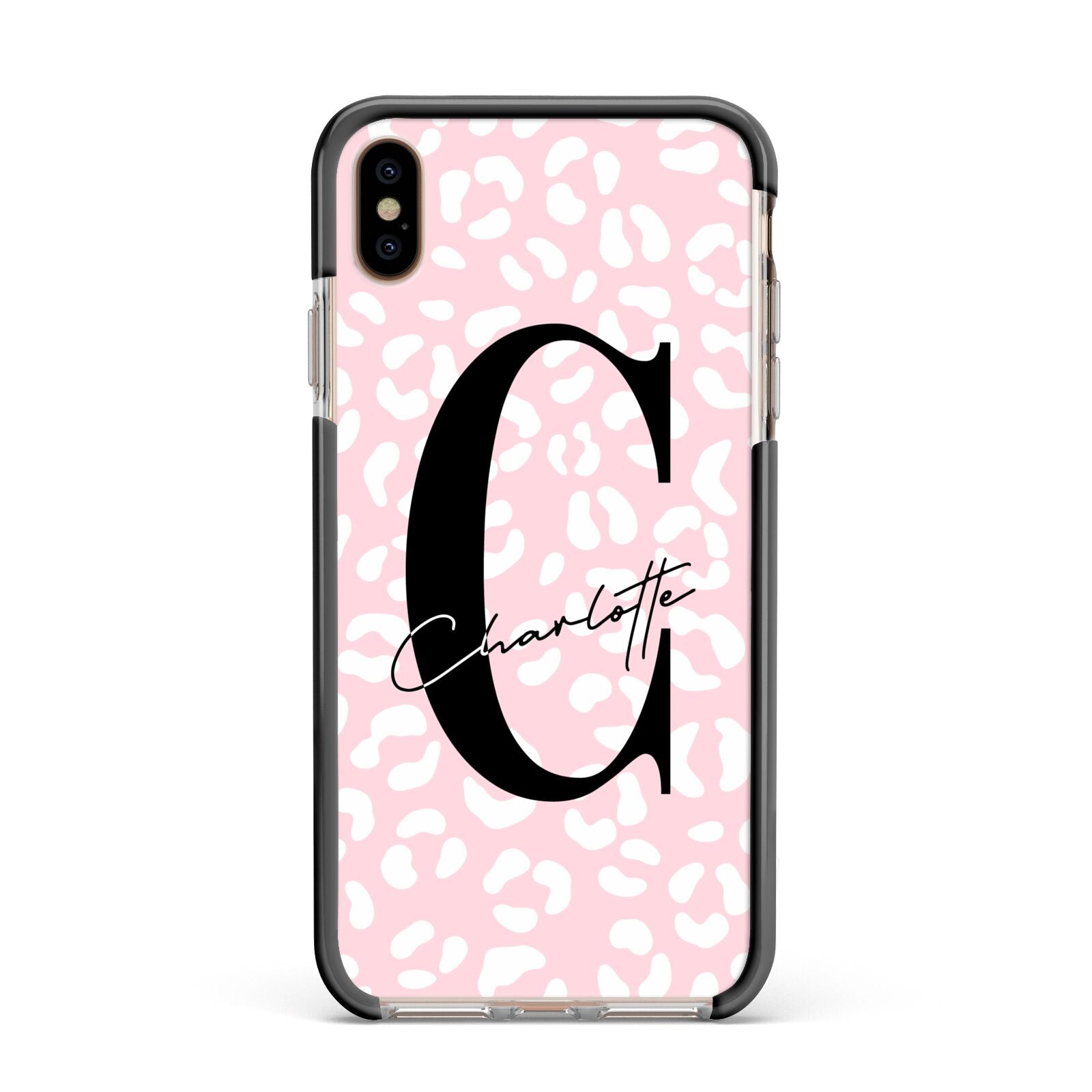 Personalised Leopard Pink White Apple iPhone Xs Max Impact Case Black Edge on Gold Phone