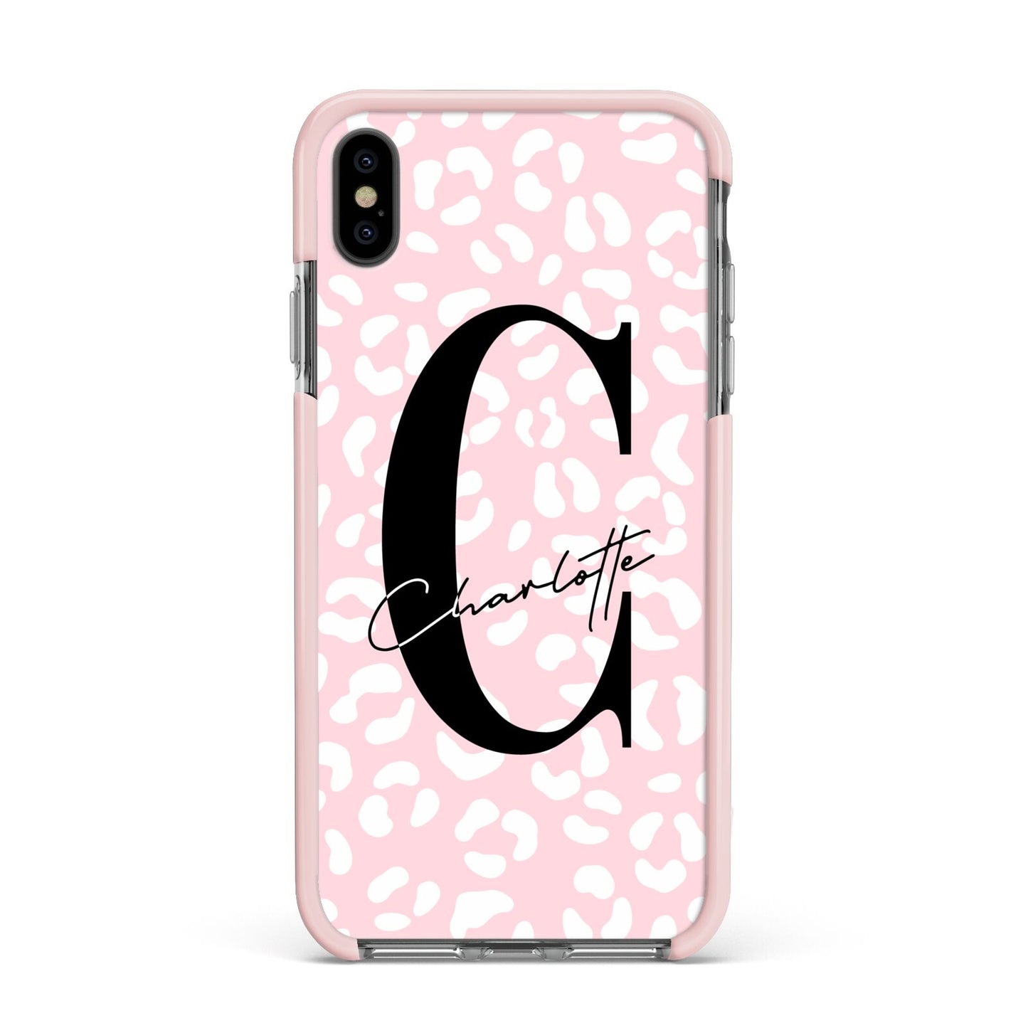 Personalised Leopard Pink White Apple iPhone Xs Max Impact Case Pink Edge on Black Phone