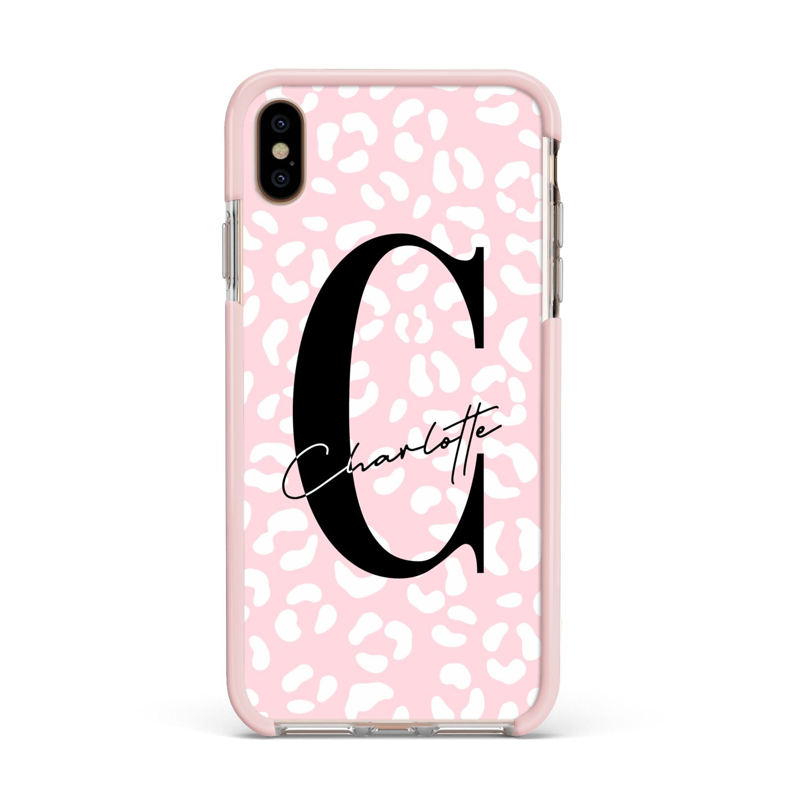 Personalised Leopard Pink White Apple iPhone Xs Max Impact Case Pink Edge on Gold Phone