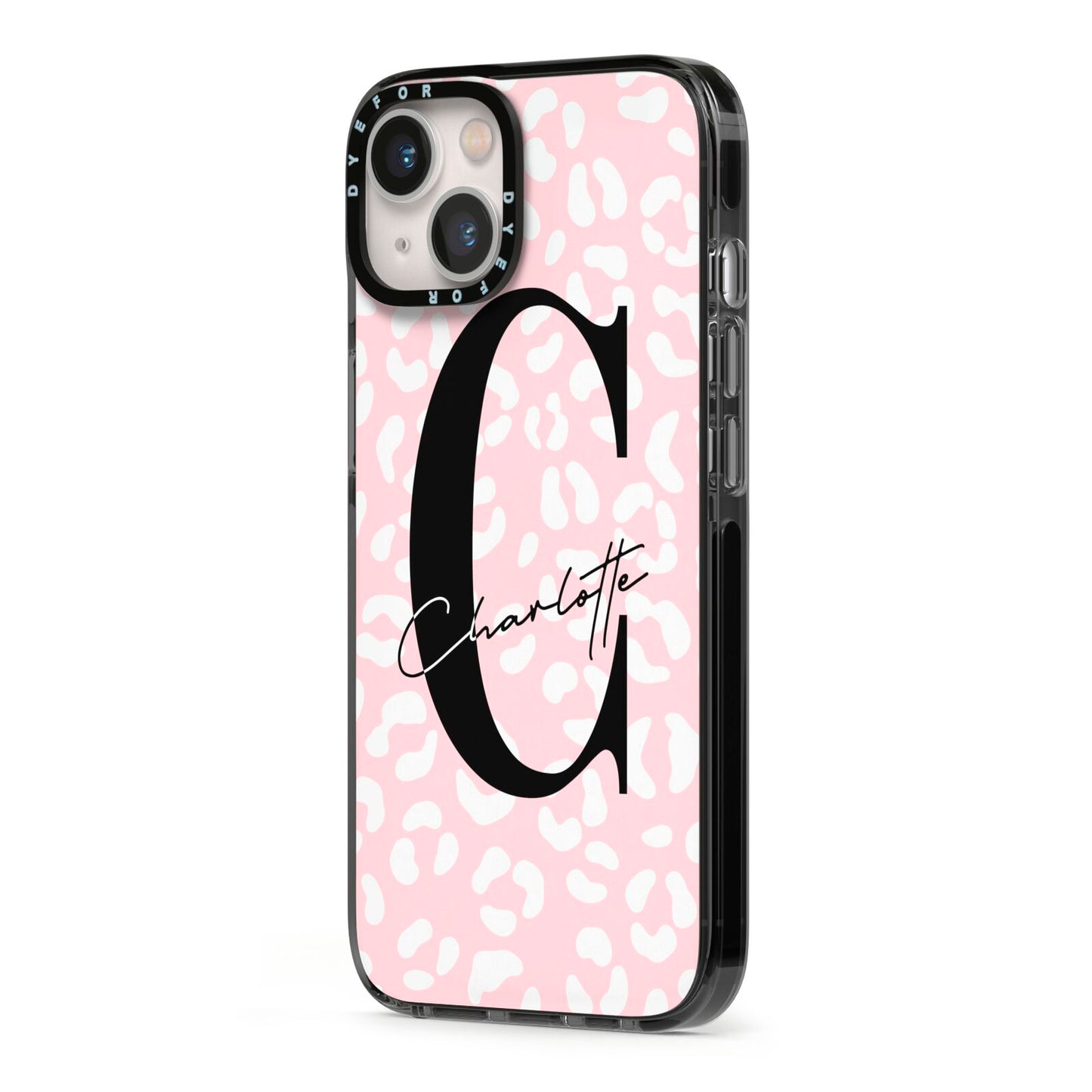 Personalised Leopard Pink White iPhone 13 Black Impact Case Side Angle on Silver phone
