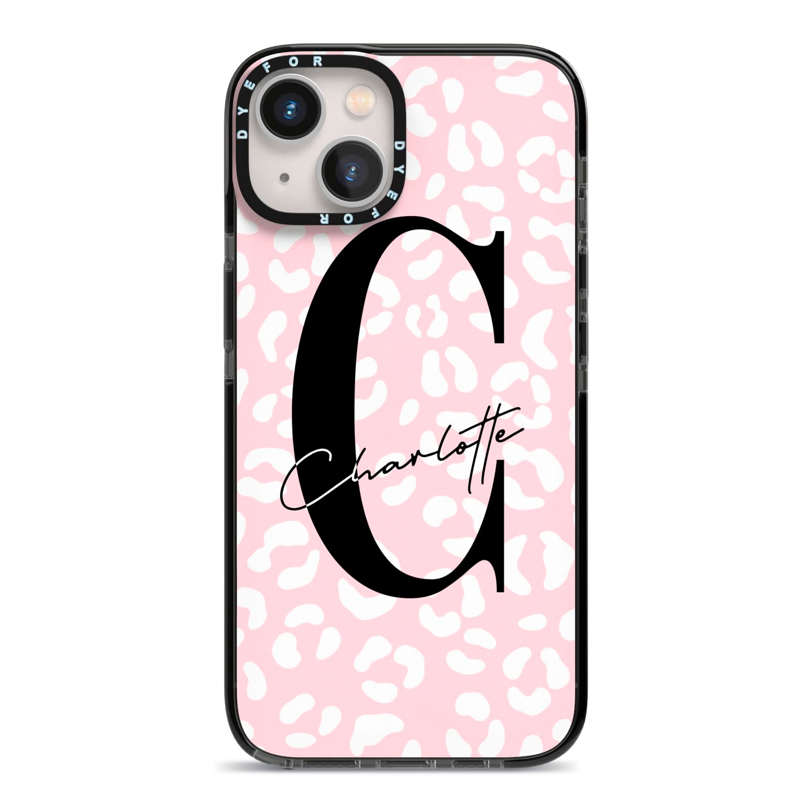 Personalised Leopard Pink White iPhone 13 Black Impact Case on Silver phone