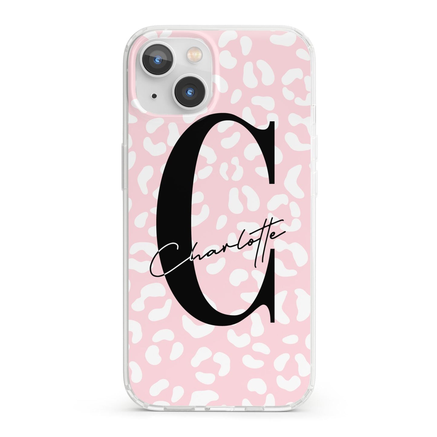 Personalised Leopard Pink White iPhone 13 Clear Bumper Case