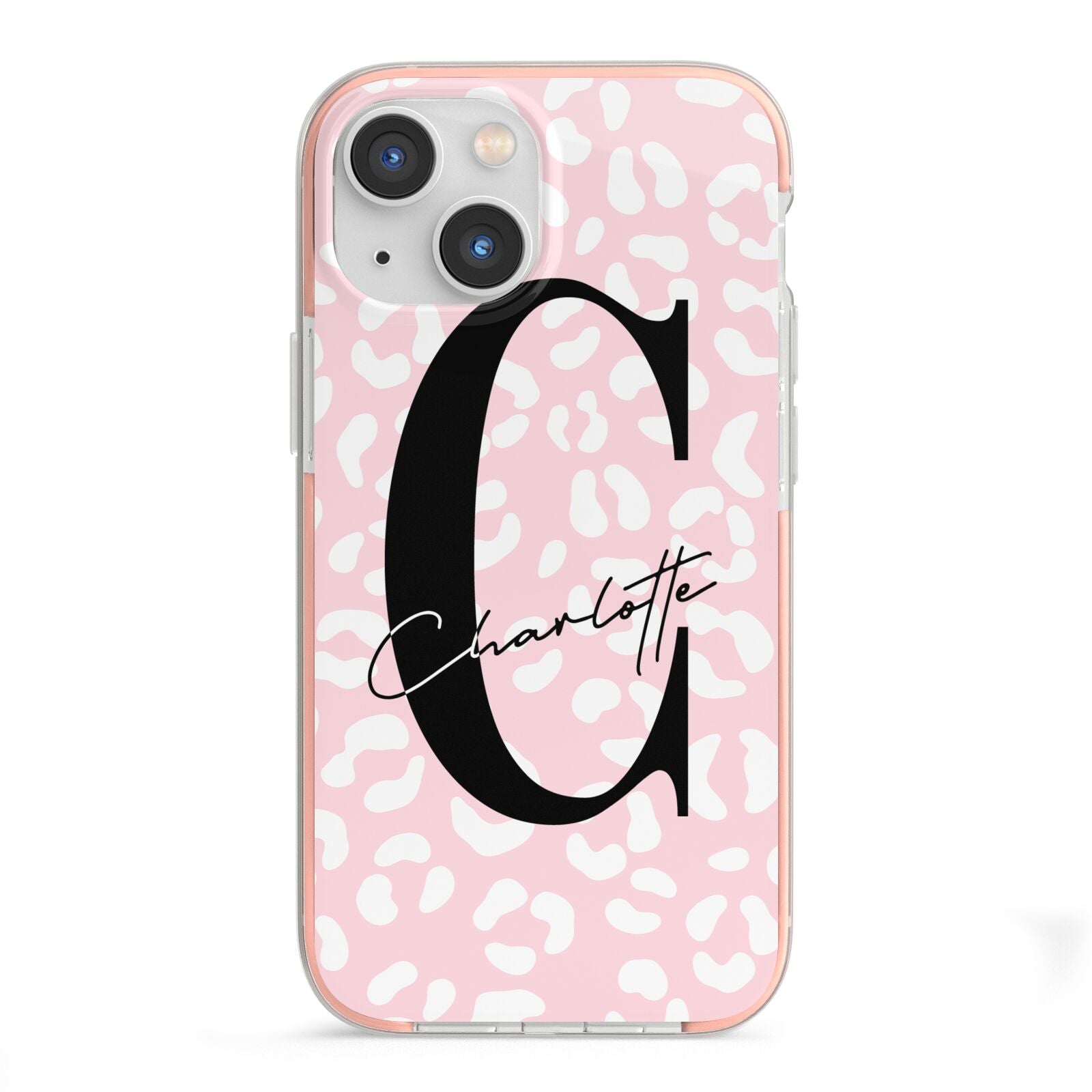 Personalised Leopard Pink White iPhone 13 Mini TPU Impact Case with Pink Edges