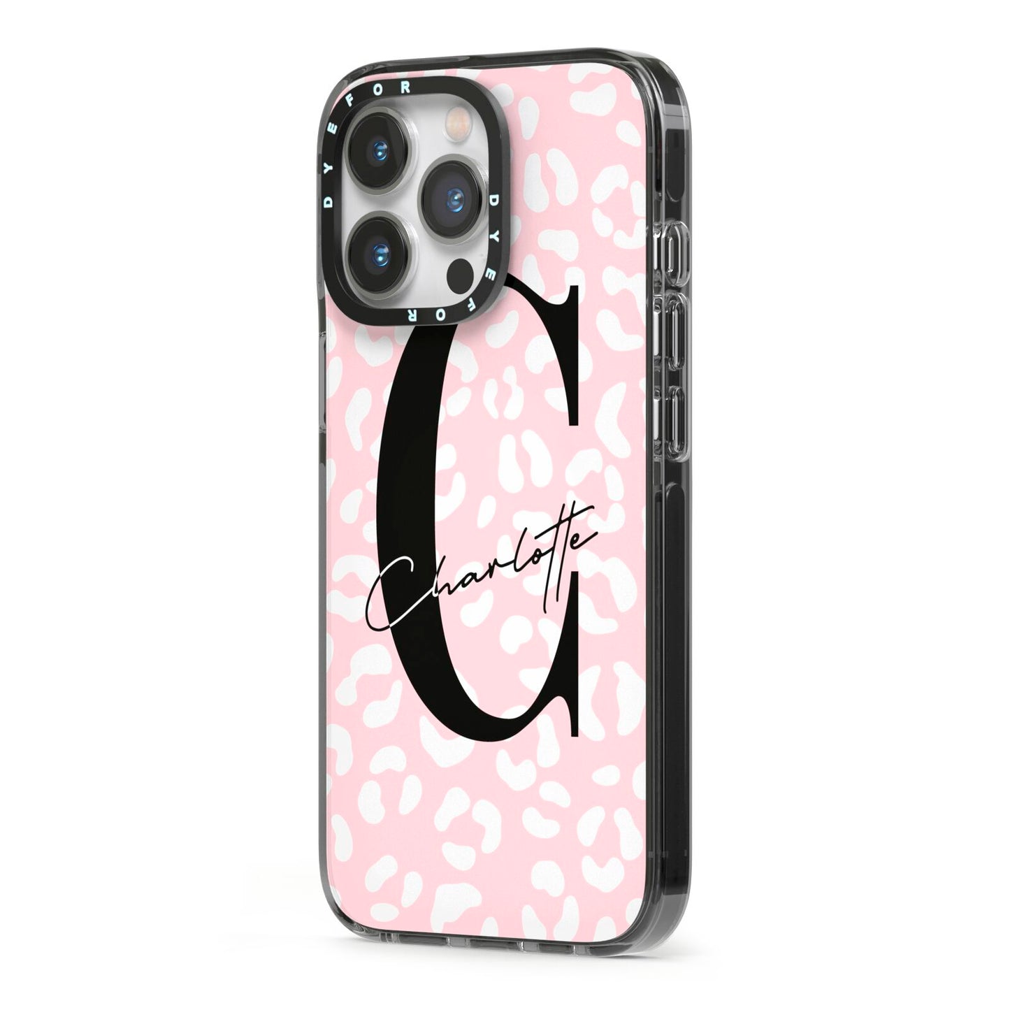 Personalised Leopard Pink White iPhone 13 Pro Black Impact Case Side Angle on Silver phone