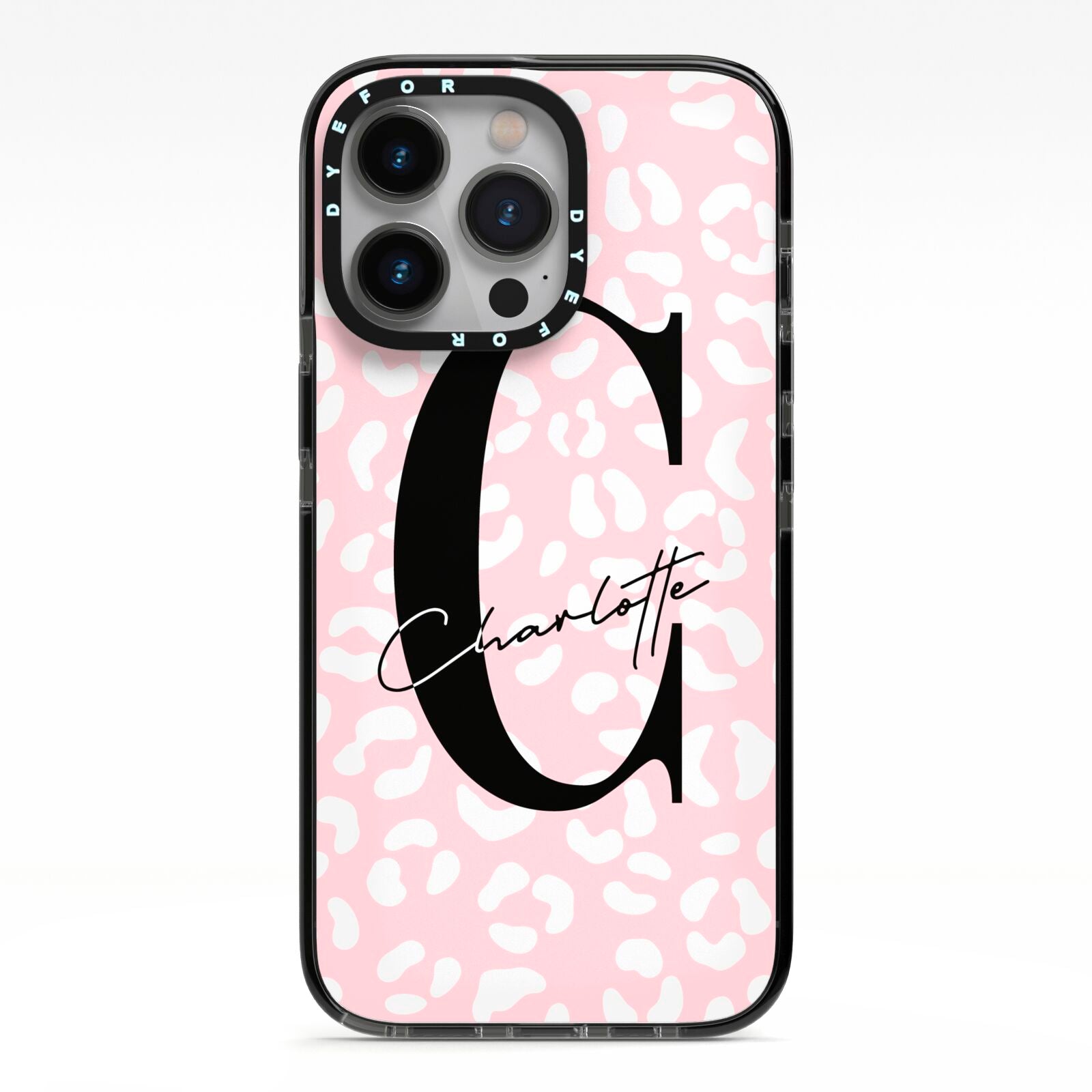 Personalised Leopard Pink White iPhone 13 Pro Black Impact Case on Silver phone