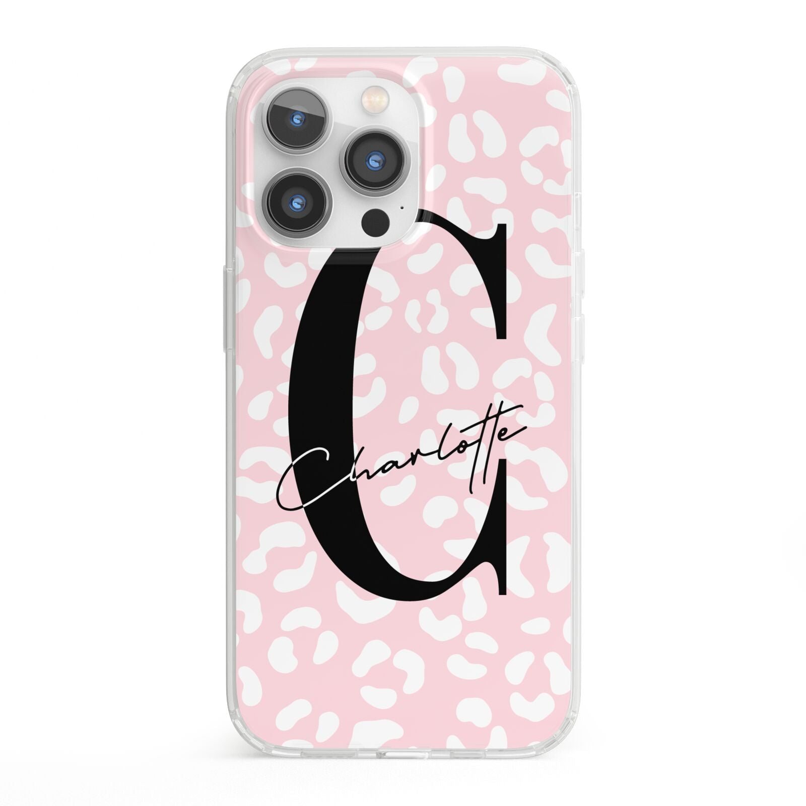 Personalised Leopard Pink White iPhone 13 Pro Clear Bumper Case