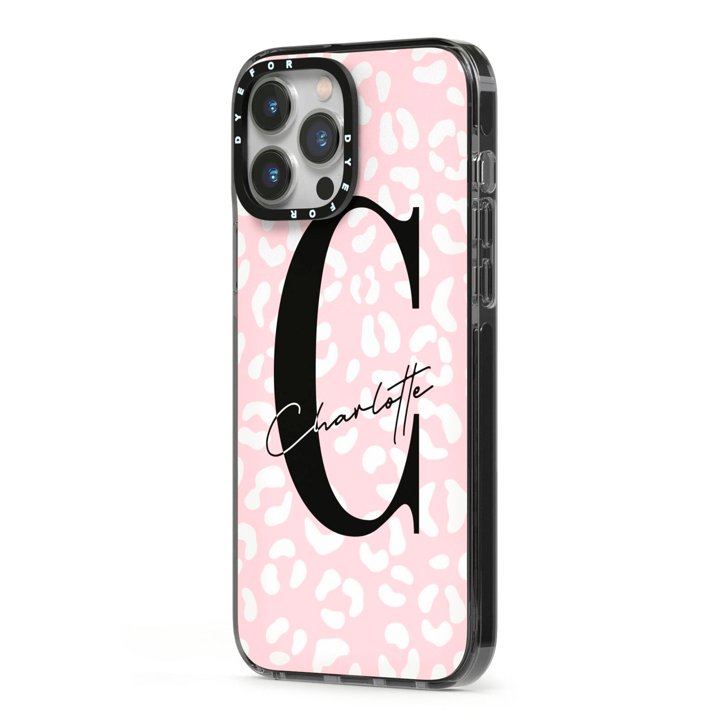 Personalised Leopard Pink White iPhone 13 Pro Max Black Impact Case Side Angle on Silver phone