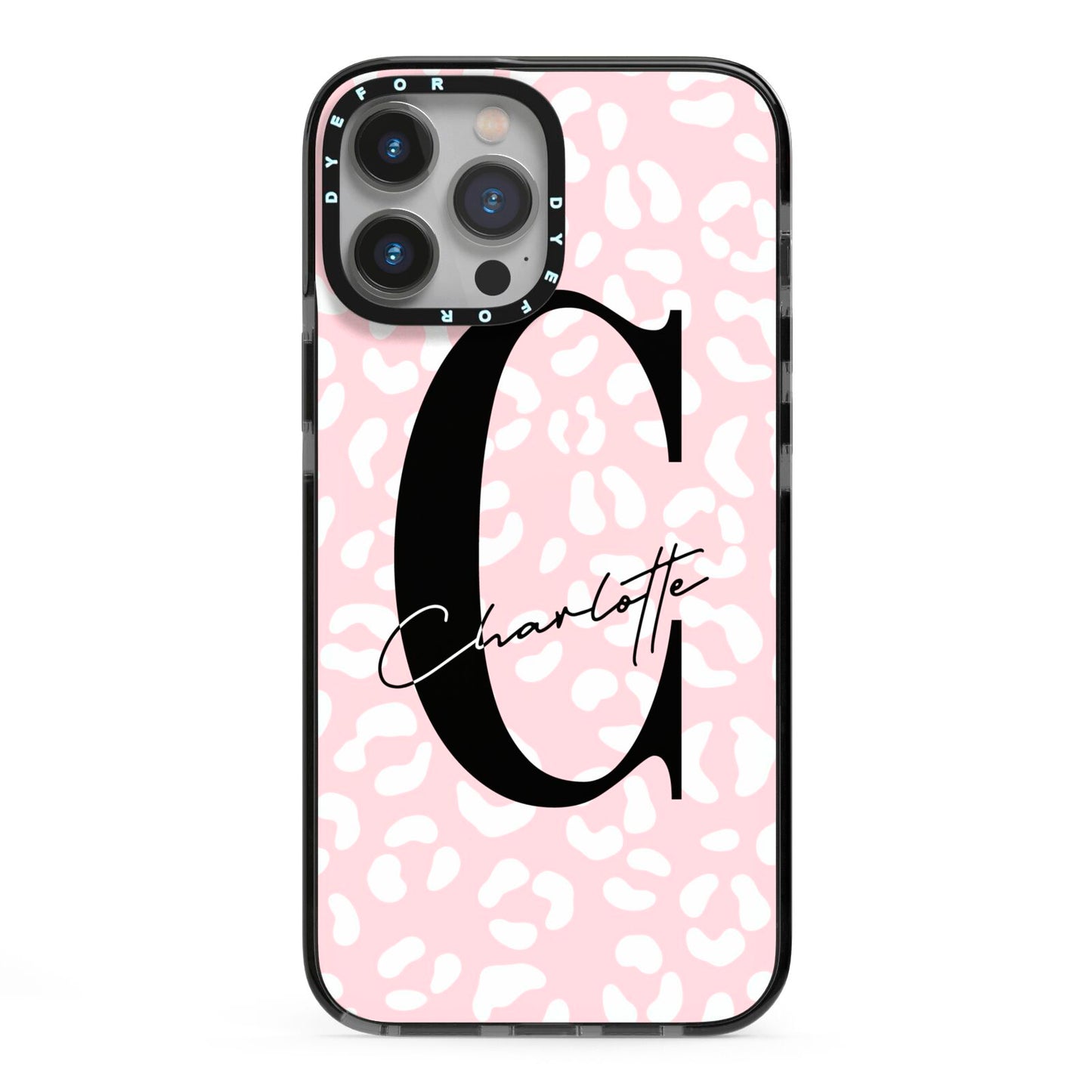 Personalised Leopard Pink White iPhone 13 Pro Max Black Impact Case on Silver phone