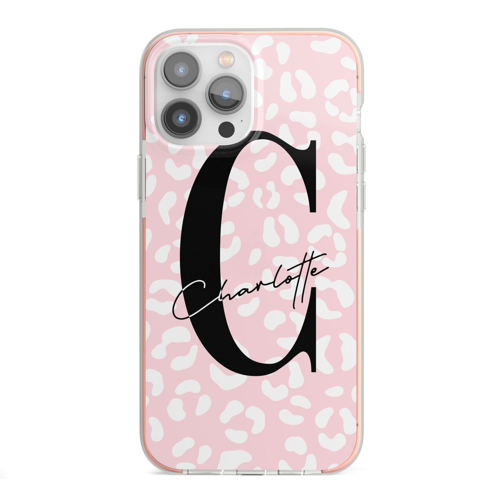 Personalised Leopard Pink White iPhone 13 Pro Max TPU Impact Case with Pink Edges