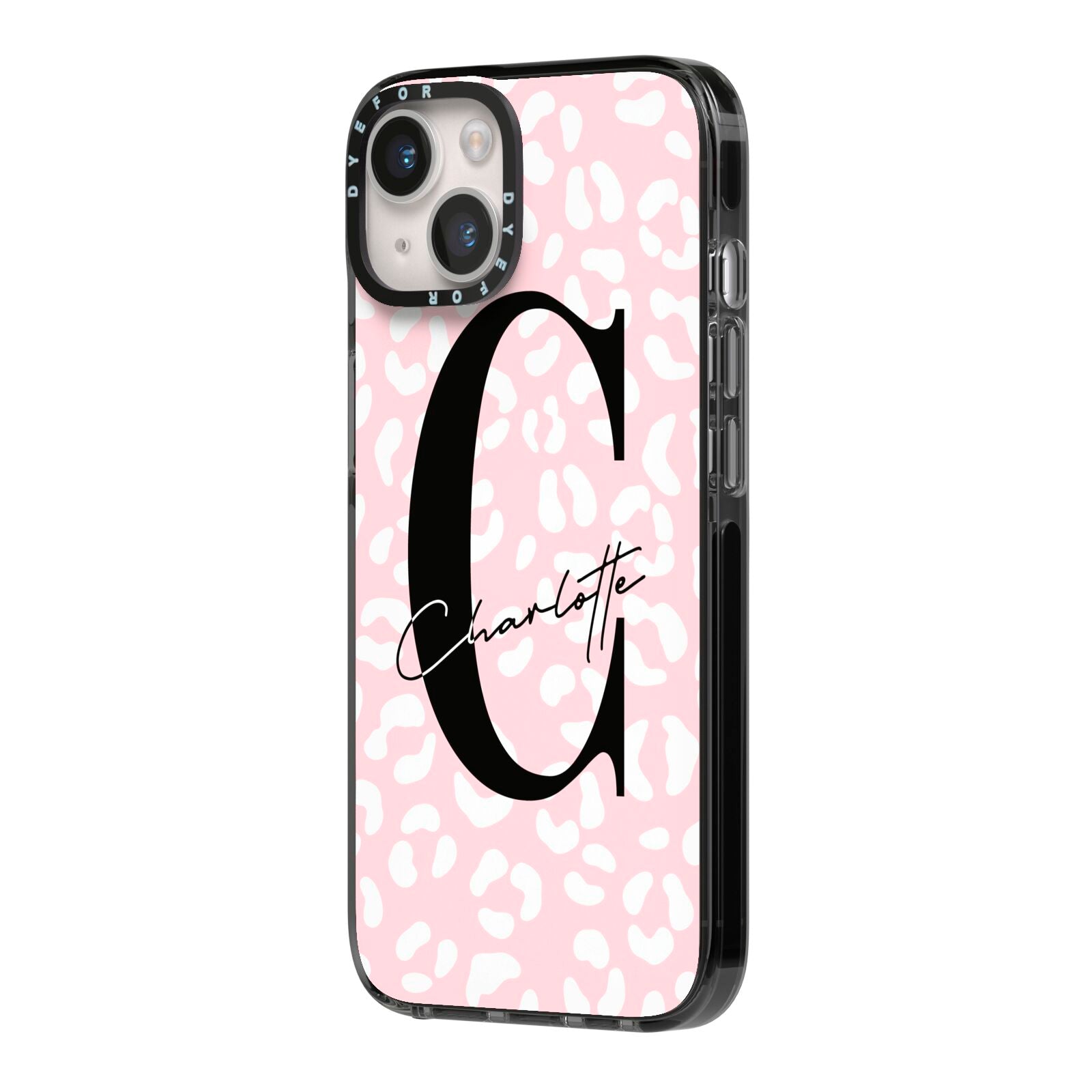 Personalised Leopard Pink White iPhone 14 Black Impact Case Side Angle on Silver phone