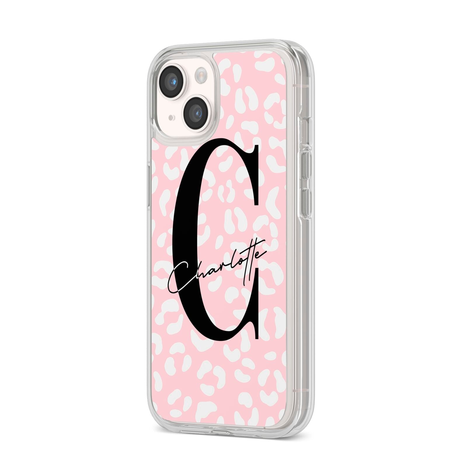 Personalised Leopard Pink White iPhone 14 Clear Tough Case Starlight Angled Image