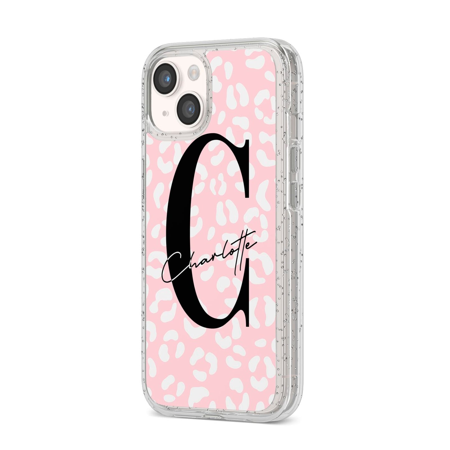 Personalised Leopard Pink White iPhone 14 Glitter Tough Case Starlight Angled Image