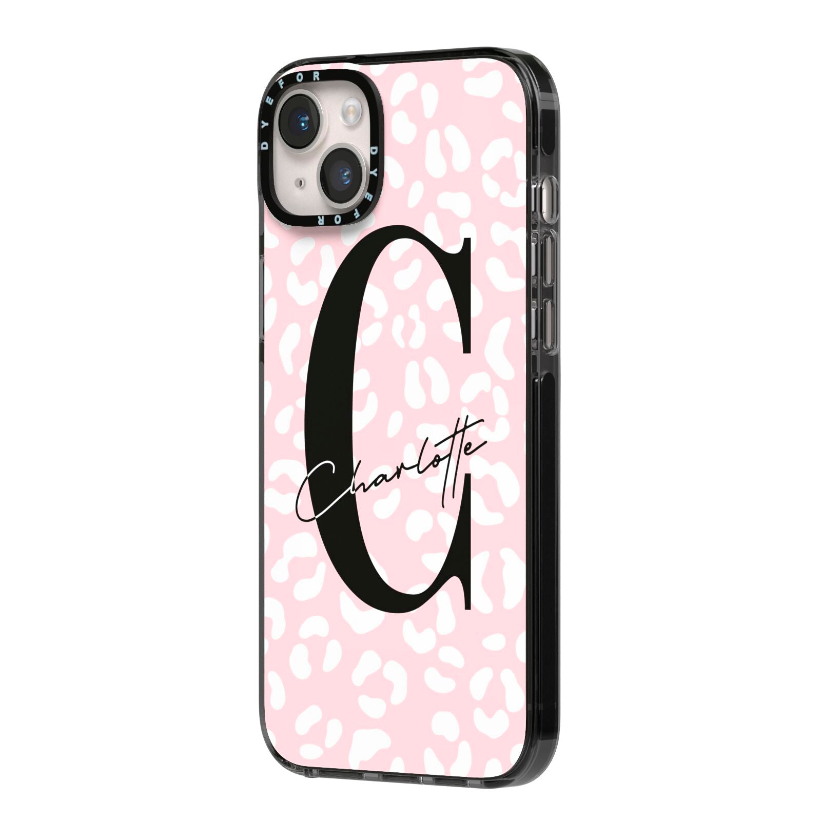 Personalised Leopard Pink White iPhone 14 Plus Black Impact Case Side Angle on Silver phone