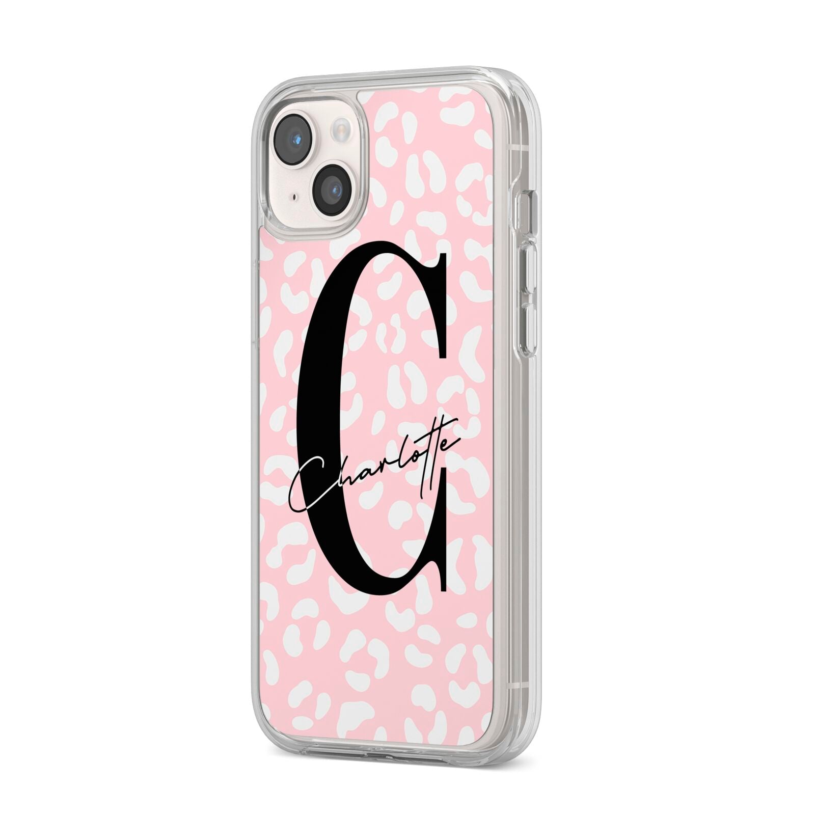 Personalised Leopard Pink White iPhone 14 Plus Clear Tough Case Starlight Angled Image