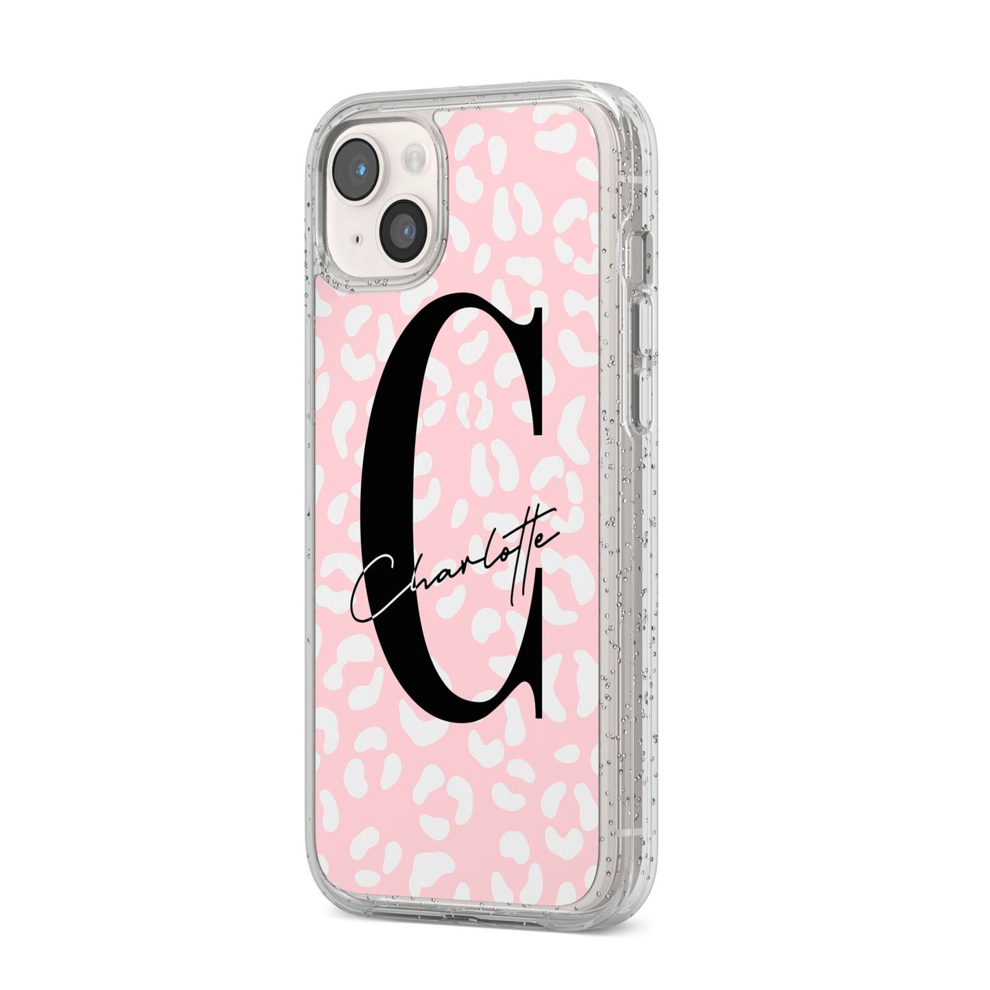 Personalised Leopard Pink White iPhone 14 Plus Glitter Tough Case Starlight Angled Image