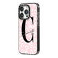 Personalised Leopard Pink White iPhone 14 Pro Black Impact Case Side Angle on Silver phone