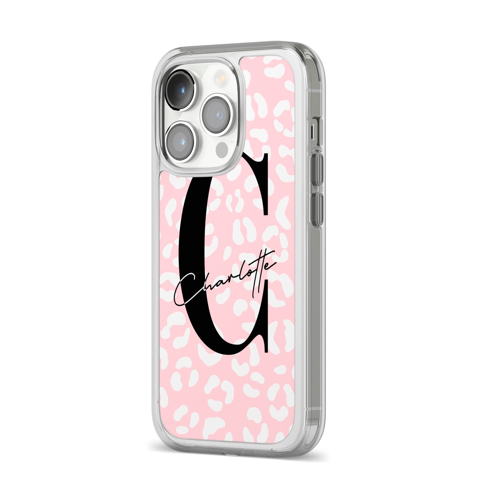 Personalised Leopard Pink White iPhone 14 Pro Clear Tough Case Silver Angled Image