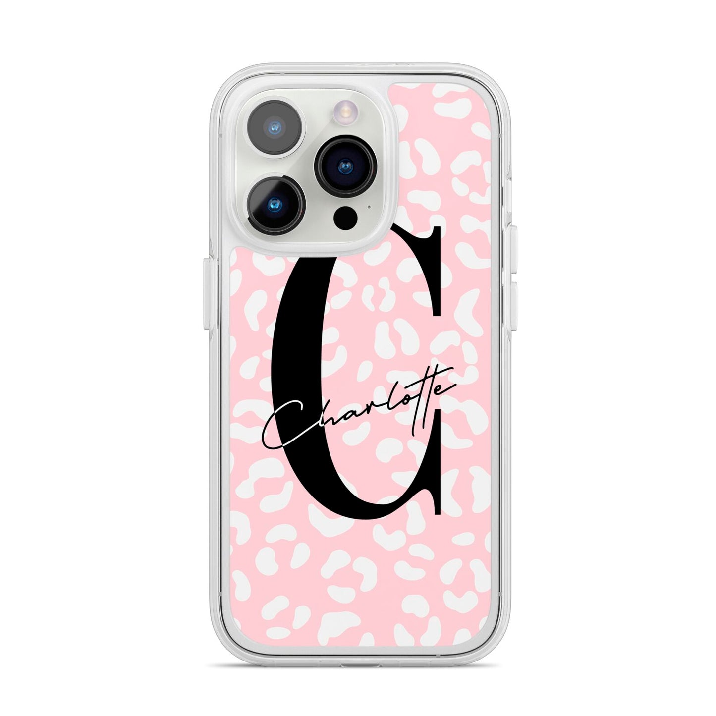 Personalised Leopard Pink White iPhone 14 Pro Clear Tough Case Silver