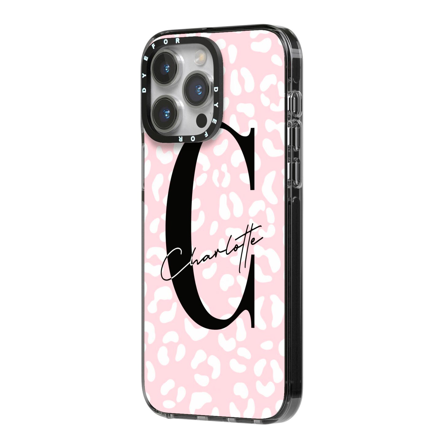 Personalised Leopard Pink White iPhone 14 Pro Max Black Impact Case Side Angle on Silver phone