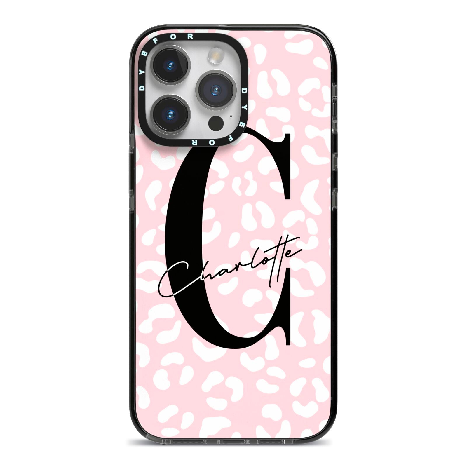 Personalised Leopard Pink White iPhone 14 Pro Max Black Impact Case on Silver phone